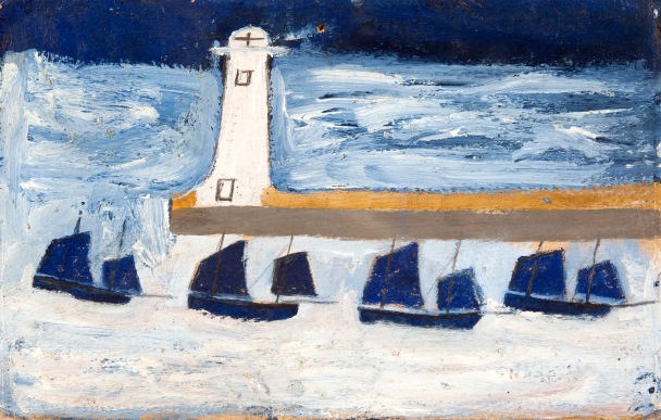Alfred Wallis, Four Luggers and a Lighthouse, c. 1928, Oil on card, 16.5 x 26 cm, Private Collection, on loan to mima, Middlesbrough Institute of Modern Art