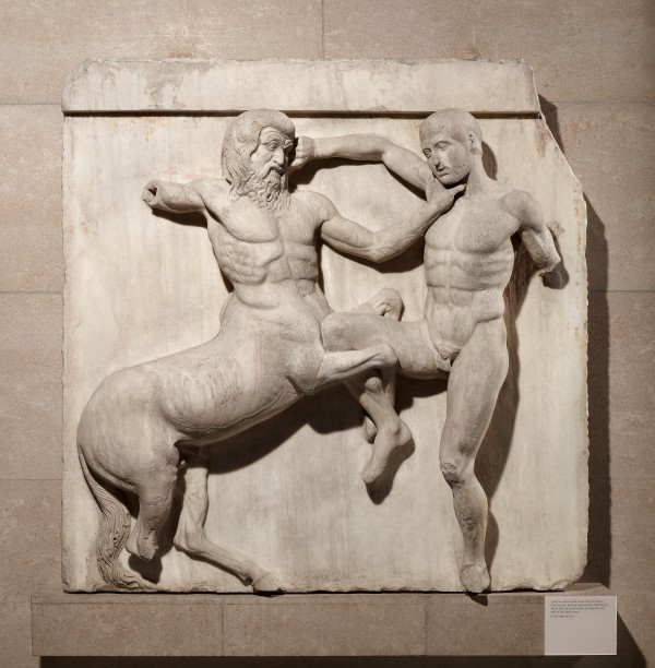 Marble metope from the Parthenon (South metope XXXI). The South metopes in the British Museum show the battle between Centaurs and Lapiths at the marriage-feast of Peirithoos. Designed by Phidias, Athens, Greece, 438BC-432BC. © The Trustees of the British Museum.