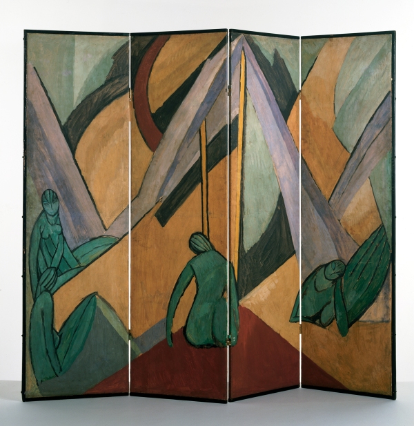 Tents and Figures (1913) by Vanessa Bell. A painted folding screen. Victoria & Albert Museum. © The Estate of Vanessa Bell, courtesy of Henrietta Garnett. Photo credit: © Victoria and Albert Museum, London