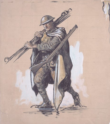 A Tommy wearing rain cape and carrying picket posts, 1917 by Second Lieutenant Richard Tennant Cooper, 1918 © National Army Museum