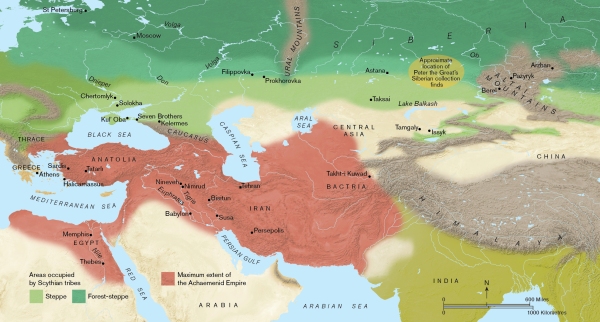 Eurasia showing the extent of the Achaemenid empire (in red) and the Eurasian steppe and mixed woodland largely occupied by the Scythians (in Green). Map produced by Paul Goodhead.