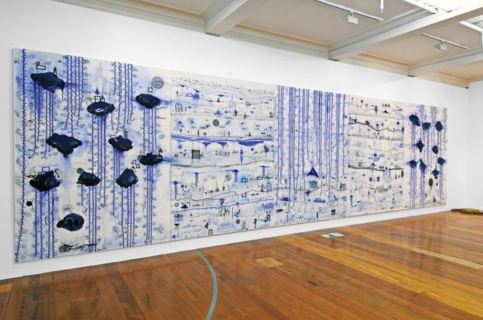 Installation view of Kehe tau hauaga foou (To all new arrivals) by John Pule (2009)